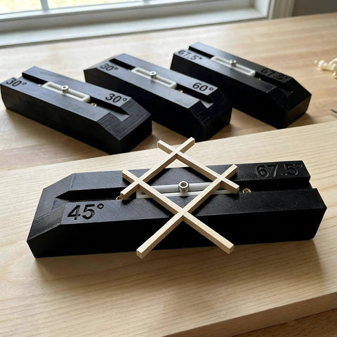 Kumiko Joinery Jig Set Four Piece Japanese Clamp Kit with angled guides for precision woodworking and craft projects.