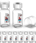 Front view of ten sterile 3ml glass vials with reusable plastic caps; clear empty injection bottles