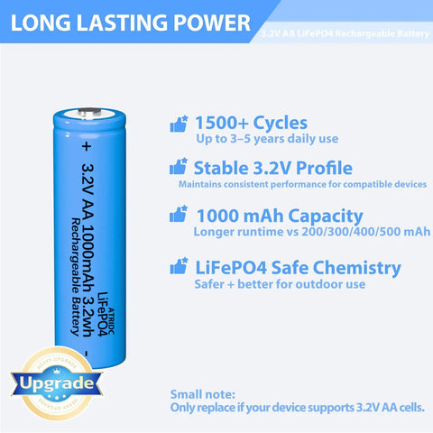 LiFePO4 AA 3.2V solar battery 1000mAh with specs on long cycle life and stability, ideal for outdoor solar devices.