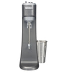 Workhorse Commercial Single Spindle Drink Mixer With Hands Free Operation 3 Speed Universal Motor Pulse Activation Built For High Volume Bars And Cafes NSF Certified, front view with stainless steel cup.