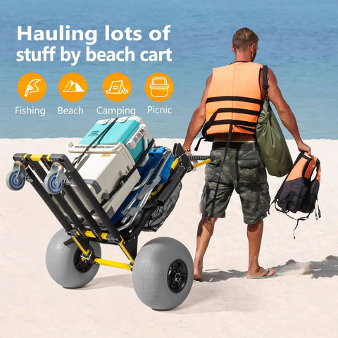 Foldable 2 In 1 Beach Wagon Cart with 12 Inch Balloon Wheels for Sand being used on the beach with cargo