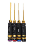 Four Piece RC Screwdriver Set Aluminum Alloy Repair Tool Kit With 1.27mm 1.3mm 1.5mm Hex And 4mm Socket shown upright
