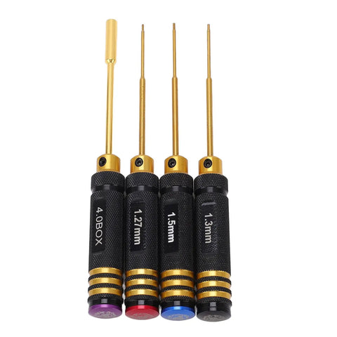 Four Piece RC Screwdriver Set Aluminum Alloy Repair Tool Kit With 1.27mm 1.3mm 1.5mm Hex And 4mm Socket shown upright