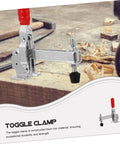 Heavy Duty Welding Toggle Clamps for Woodworking 2 Pack with rubber tips, shown on a wooden workbench.