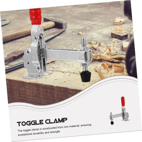Heavy Duty Welding Toggle Clamps for Woodworking 2 Pack with rubber tips, shown on a wooden workbench.