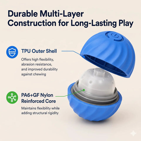 Automatic Rolling Treat Dispenser Ball For Dogs And Cats Interactive Smart Puzzle Feeder Dual Mode Rechargeable Kibble Crasher Toy Pack showing durable blue TPU and nylon design.