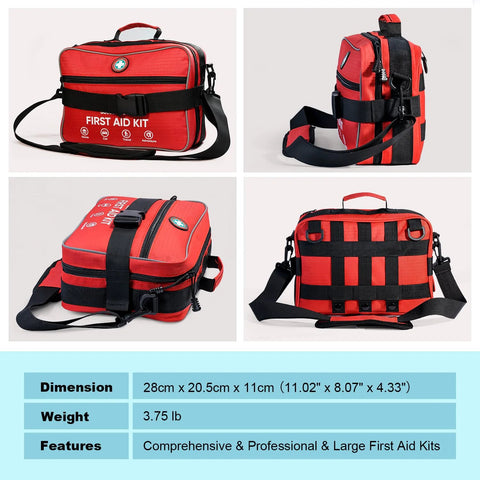 Red professional first aid kit bag with black adjustable shoulder strap and multiple compartments.