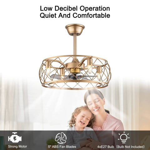 Dope Industrial 20 Inch Ceiling Fan With Light And Remote, Gold Cage Fixture, highlighting low decibel operation and comfort.