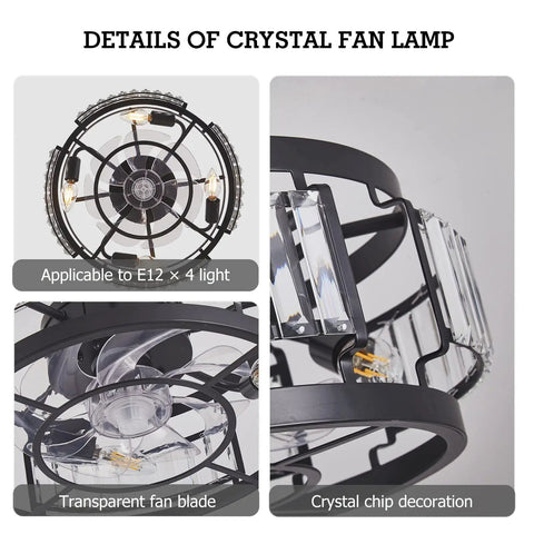 Industrial Crystal Ceiling Fan With Lights, Flush Mount Low Profile Ceiling Fan For Bedroom Kitchen Dining, Reversible DC Motor close-up