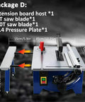 Badass Retractable Table Saw Featuring A Kicker 1800 Watt Motor For Razor Clean Cuts On Lumber Aluminum And Pvc 45 Degree Bevel Range pro level workbench with extension board and saw blades.