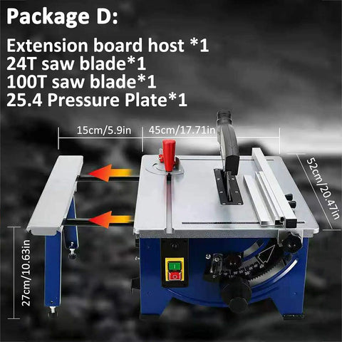 Badass Retractable Table Saw Featuring A Kicker 1800 Watt Motor For Razor Clean Cuts On Lumber Aluminum And Pvc 45 Degree Bevel Range pro level workbench with extension board and saw blades.