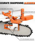 Two In One Chainsaw Sharpener Kit With Round And Flat Files No Fuss Easy Peezy Hand File Guide For Three Eighths And Zero Point Three Two Five Inch Chains attached to chainsaw guide bar
