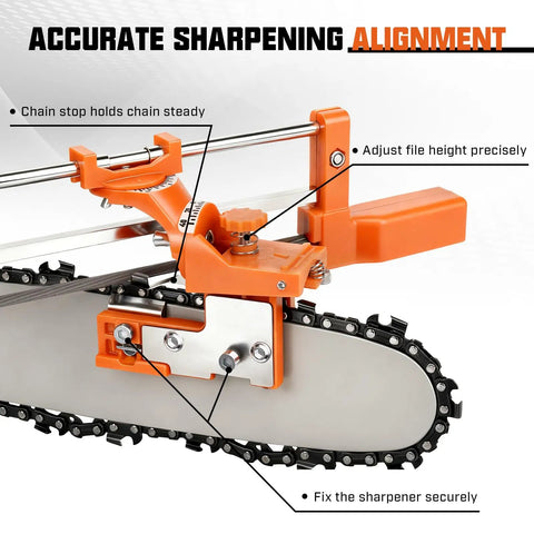 Two In One Chainsaw Sharpener Kit With Round And Flat Files No Fuss Easy Peezy Hand File Guide For Three Eighths And Zero Point Three Two Five Inch Chains attached to chainsaw guide bar