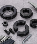 Double Split Shaft Collar For One And Fifteen Sixteenths Inch Shaft, Two Piece Clamping Collar, 3 Inch Outside Diameter, Eleven Sixteenths Inch Width, Black Oxide Steel Lock Collar Clamp, Set Screw Style, Heavy Duty Industrial Hardware, black split collars and hex keys