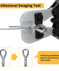 Pro Grade Wire Rope Crimping Tool Kit For 3/64 In To 1/8 In Cable Beefy Heavy Duty Swaging Tool with illustrated use example