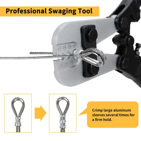 Pro Grade Wire Rope Crimping Tool Kit For 3/64 In To 1/8 In Cable Beefy Heavy Duty Swaging Tool with illustrated use example