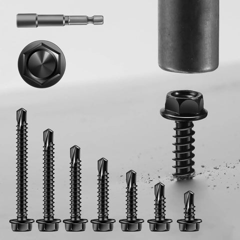 Gauge 8 By 3 4 Inch Self Drilling Screws 215 Piece Pack Hex Washer Head 410 Stainless Steel Sheet Metal Fastener Set Black Oxide Coating