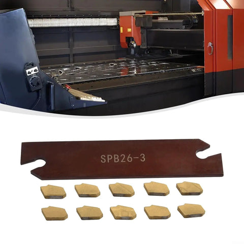 Pro Grade Lathe Tool Holder Set With 10 GTN-3 SP300 Inserts and SPB26-3 Blade for steel grooving, shown against a metalworking backdrop.