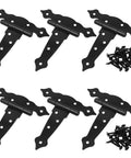 Six Pack 5 Inch T Shape Strap Hinges With Screws, Classic Black Decorative Gate Hinges shown with included screws