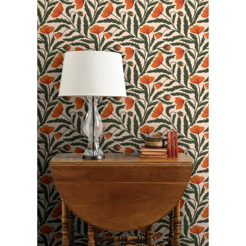Botanical Chintz Vinyl Wallpaper Featuring Subtle Leather Texture Hella Durable Commercial Grade Wallcovering Custom Printed Just For You, showcasing vibrant floral design behind a table lamp.
