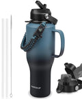 Squad Sized 40 Oz Insulated Water Bottle With Straw Lid That Finally Fits In Car Cup Holders Double Wall Stainless Steel Tumbler with accessories.