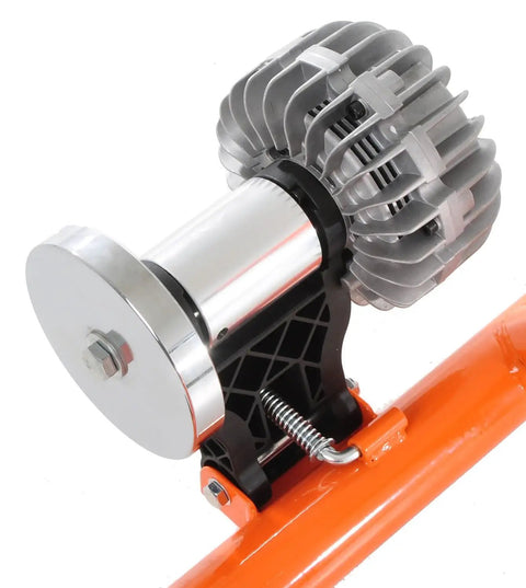 Close-up of resistance unit on Orange Fluid Bike Trainer Pro Indoor Bicycle Training Stand For Serious Rides, Quiet Fluid Resistance