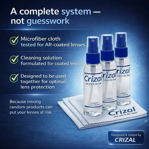 Crizal AR-coated lens care kit with three spray bottles and microfiber cloths