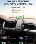 15W Fast Wireless Car Charger Mount with Auto Clamping in car dashboard, designed for iPhone 16 Pro and Samsung Galaxy S24 Ultra