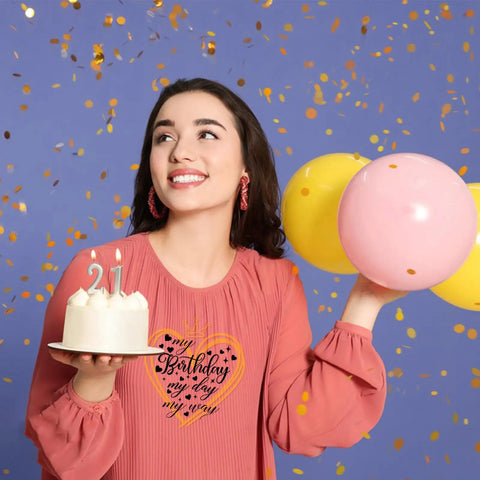 Woman holding birthday cake and balloons, wearing shirt with "Birthday Queen Iron On Transfer Kit With 4 Styles Washable Heat Transfers."