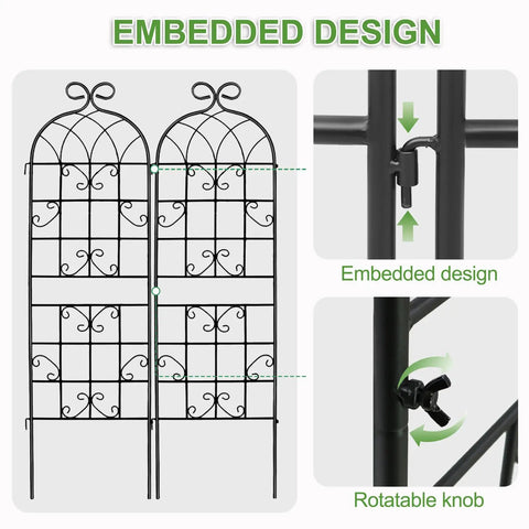 2 Pack Metal Garden Trellis for Climbing Plants, 6 ft Tall by 20 in Wide, Rustproof Black Coating, Embedded Design Details