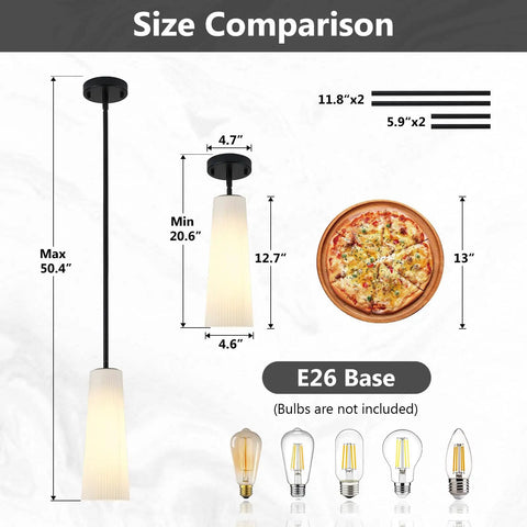 Size comparison of Ziikopoo 2 Pack Modern Matte Black Kitchen Island Pendant Lights with conical ribbed glass shade and E26 base.
