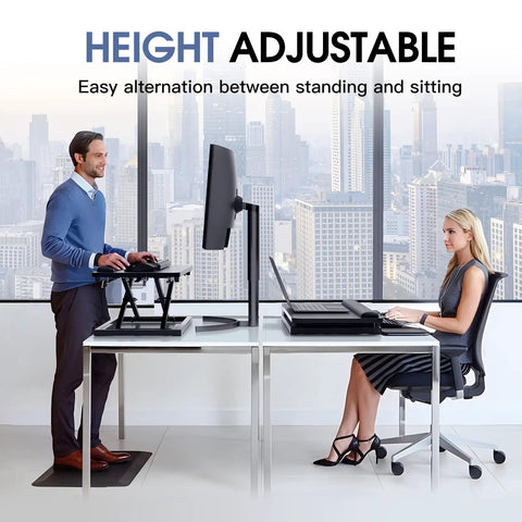 Standing Keyboard Tray With Adjustable Height For Sit Stand Desks in modern office setting with two people using computers.