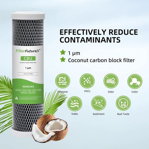 Coconut carbon block filter for Three Stage Deionized Water Car Wash System With Stand, 1 micron filtration, reduces VOCs and odor.