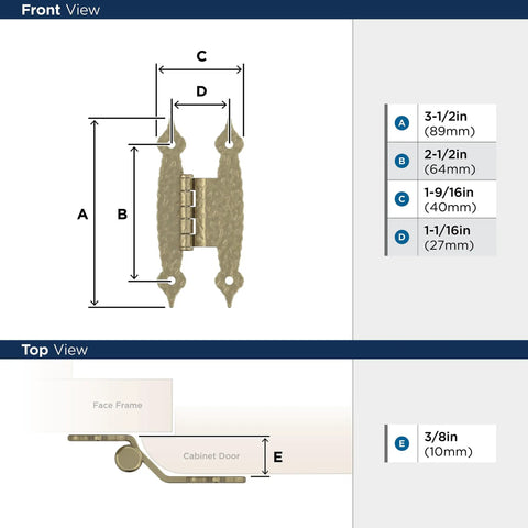 Front and top view dimensions of Smooth Swinging Offset Cabinet Hinges With Slick Golden Champagne Finish.