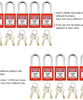 Image of Keyed Different Lockout Tagout Lock Set With 10 Unique Locks And Two Keys Each for industrial safety showing red padlocks and keys.