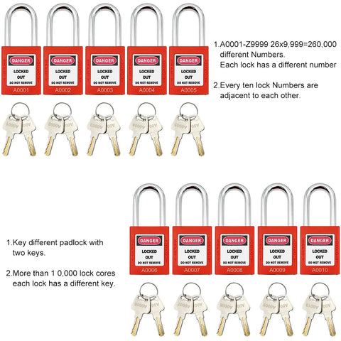 Image of Keyed Different Lockout Tagout Lock Set With 10 Unique Locks And Two Keys Each for industrial safety showing red padlocks and keys.