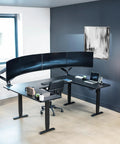 Rock Solid U Shaped Standing Desk Converters 83 By 60 Inches Black Sit Stand Converter For Dual Monitors Gaming Workstation in modern office.
