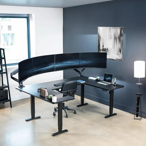 Rock Solid U Shaped Standing Desk Converters 83 By 60 Inches Black Sit Stand Converter For Dual Monitors Gaming Workstation in modern office.