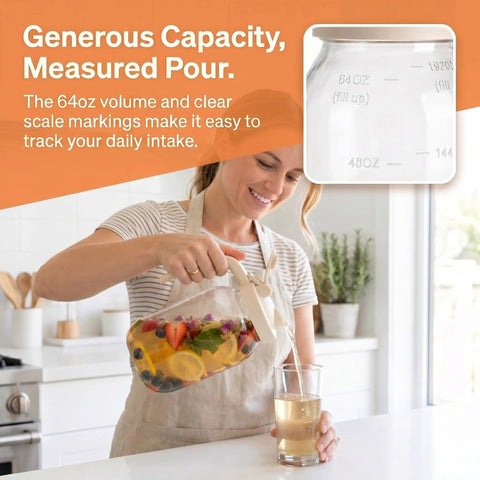 Person pouring drink from 2 Quart Glass Pitcher With Filter Lid Airtight Leakproof 64 Oz Cold Water Jug For Lemonade Tea Juice Milk Iced Coffee And Fruit Drinks Crystal Glass With BPA Free Lid Great For Home Kitchen No Spill Design