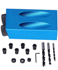 Straight Up Game Changer 15 Degree Oblique Hole Drilling Jig Kit includes blue aluminum jig, drill bits and accessories for woodworking.