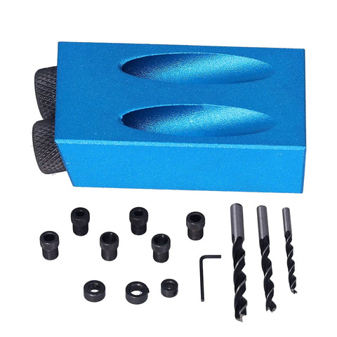 Straight Up Game Changer 15 Degree Oblique Hole Drilling Jig Kit includes blue aluminum jig, drill bits and accessories for woodworking.