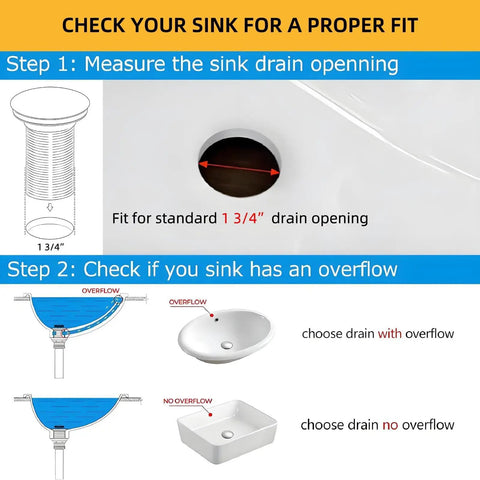 Diagram showing how to measure sink drain opening for Vessel Sink Drain Pop Up Chrome No Overflow For One And Three Quarter Inch Drain Opening