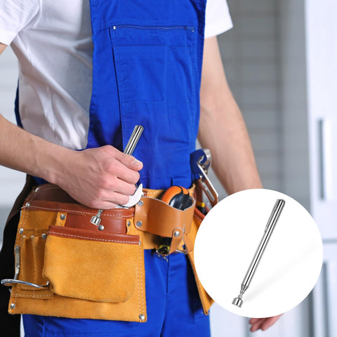 Person holding Telescoping Magnetic Pickup Tool Three Point Five Pound Lift Extendable Magnet Grabber With Pocket Clip in tool belt