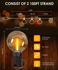 Diagram showing Outdoor String Lights 200 Ft Waterproof Shatterproof Globe Bulbs 104 LED with bulb and specification details.