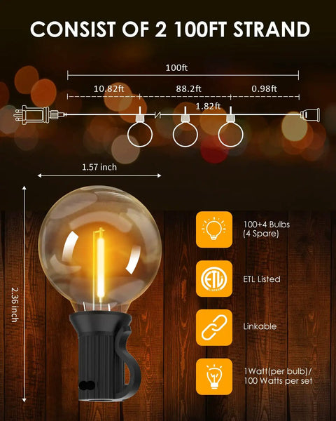 Diagram showing Outdoor String Lights 200 Ft Waterproof Shatterproof Globe Bulbs 104 LED with bulb and specification details.