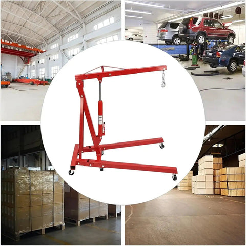 Heavy Duty 2 Ton Hydraulic Engine Hoist Folding Cherry Picker Shop Crane in garage with smooth hand pump and solid build.