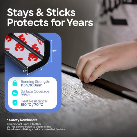 No Sweat Heavy Duty Edge Protector For Baby Proofing Main Home With Grip Tight 3M Tape And Waterproof Non Toxic Foam Padding For Sharp Furniture Corners Rugged Toddler Safe Wall Edge Wrap In Rich Black with dimensions and bonding strength shown.