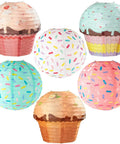 Six Pack Donut Party Hanging Paper Lanterns With Sprinkle Cupcake Designs for decorations. Assorted colors and sprinkle patterns.