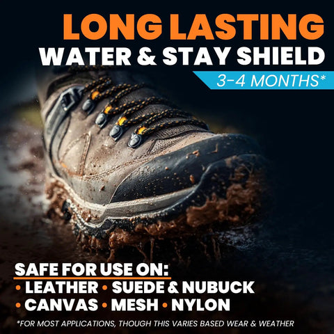 Waterproof Shoe Protector Spray For Leather Suede And Nubuck Non Aerosol 6oz Shield repelling mud from a hiking boot.