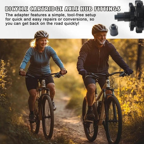 Couple cycling in forest with inset of 2 Pack Mountain Bike Hub Adapter Quick Release Converter 12mm To 9mm Thru Axle